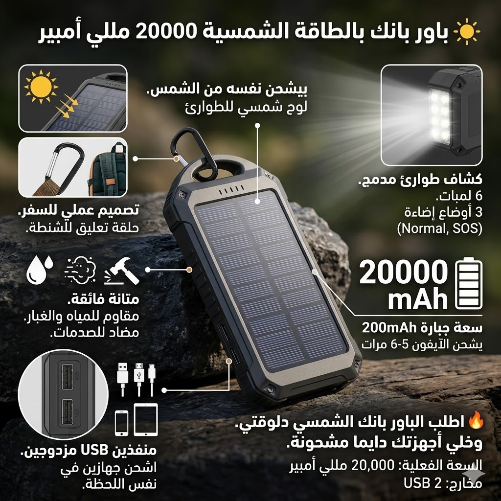 باور بانك بالطاقة الشمسية 20,000 مللي أمبير